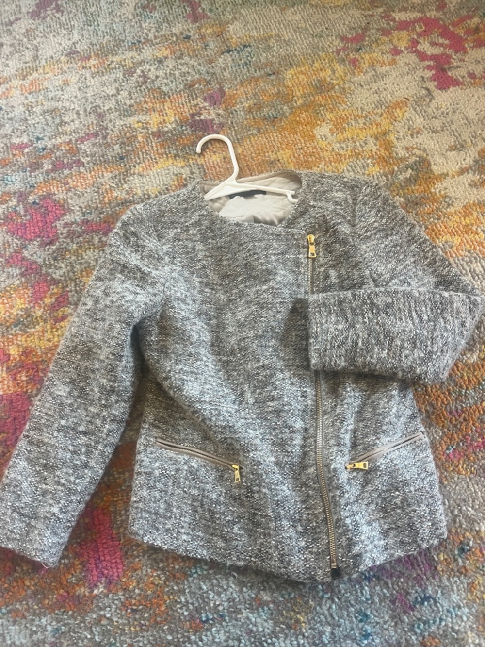 Ann Taylor Petite Gray Tweed Zip-Front Jacket with Gold Hardware